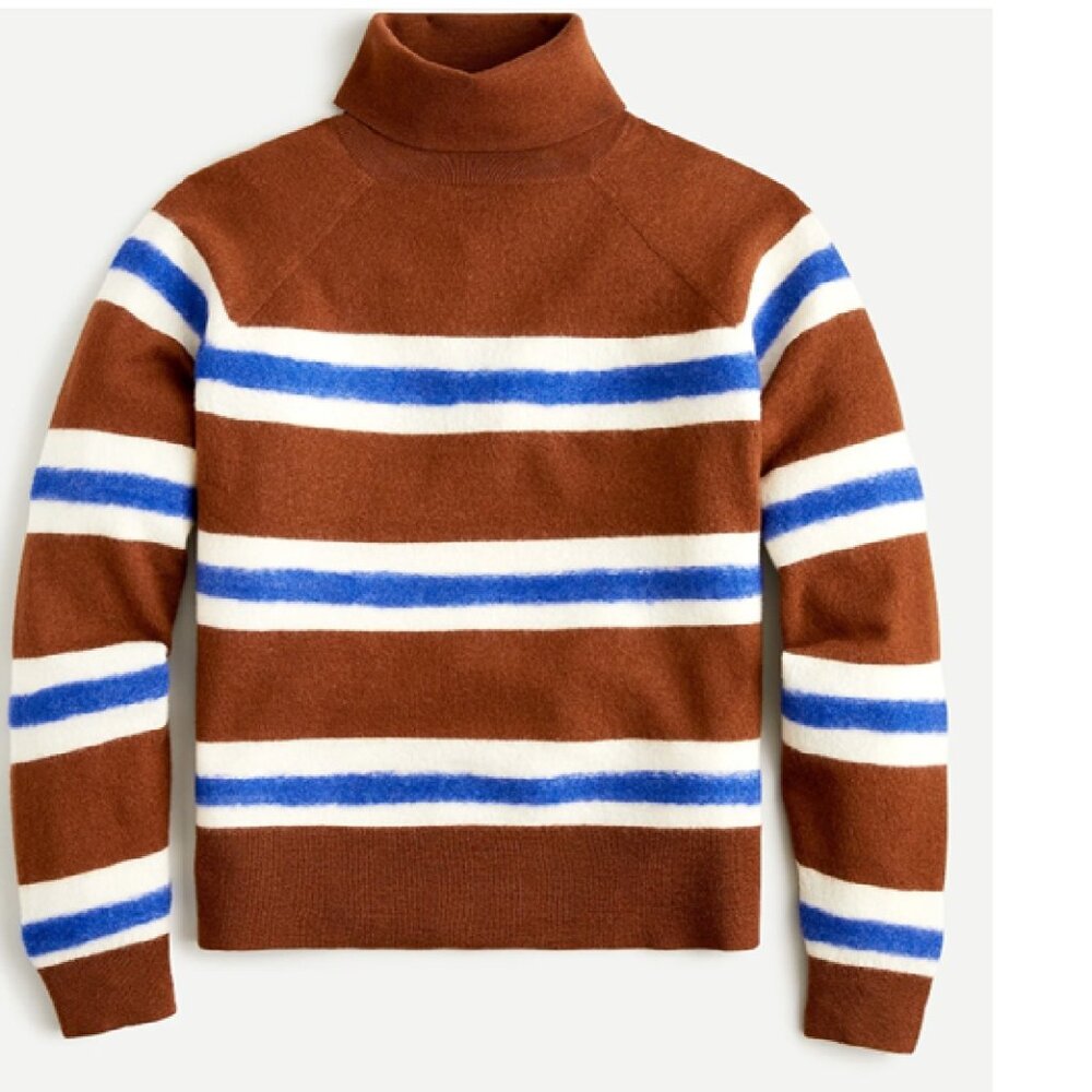 J Crew Sz SX Turtleneck sweater  Striped boiled Merino wool Chocolate Brown $168
